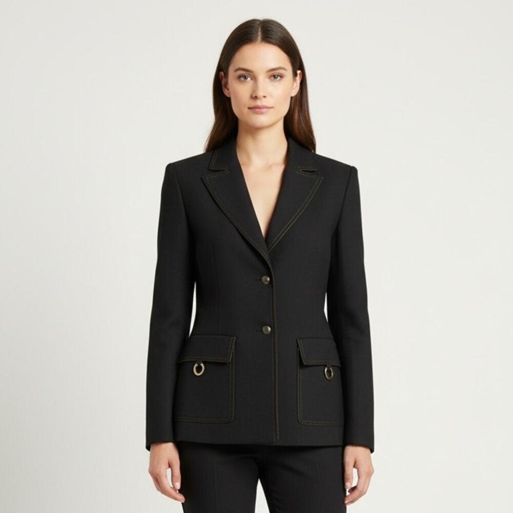 TAHARI Animal Print Lined Black Blazer Jacket 4P Petite Cotton Business Work